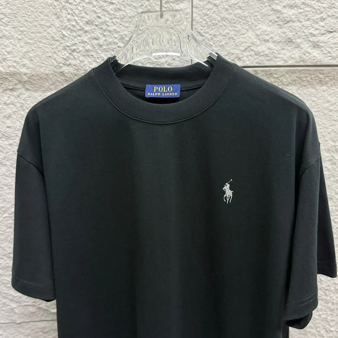 🅿️180 Polo* Ralph Lauren 2025 spring and summer new style Classic pony embroidery Customized double yarn plain cotton fabric Short-sleeved T-shirt Uniform for men and women Color: black white light pink light blue Size: S (90-130 pounds) M (120-150 pounds) L (140-165 pounds) XL (160-180 pounds) XXL (180-210 pounds)